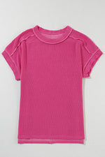 Crinkle Rib Knit Exposed Seam Round Neck Top