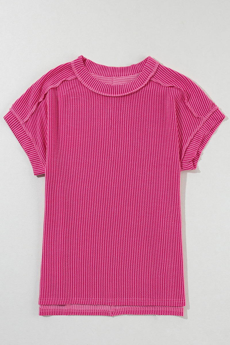 Crinkle Rib Knit Exposed Seam Round Neck Top