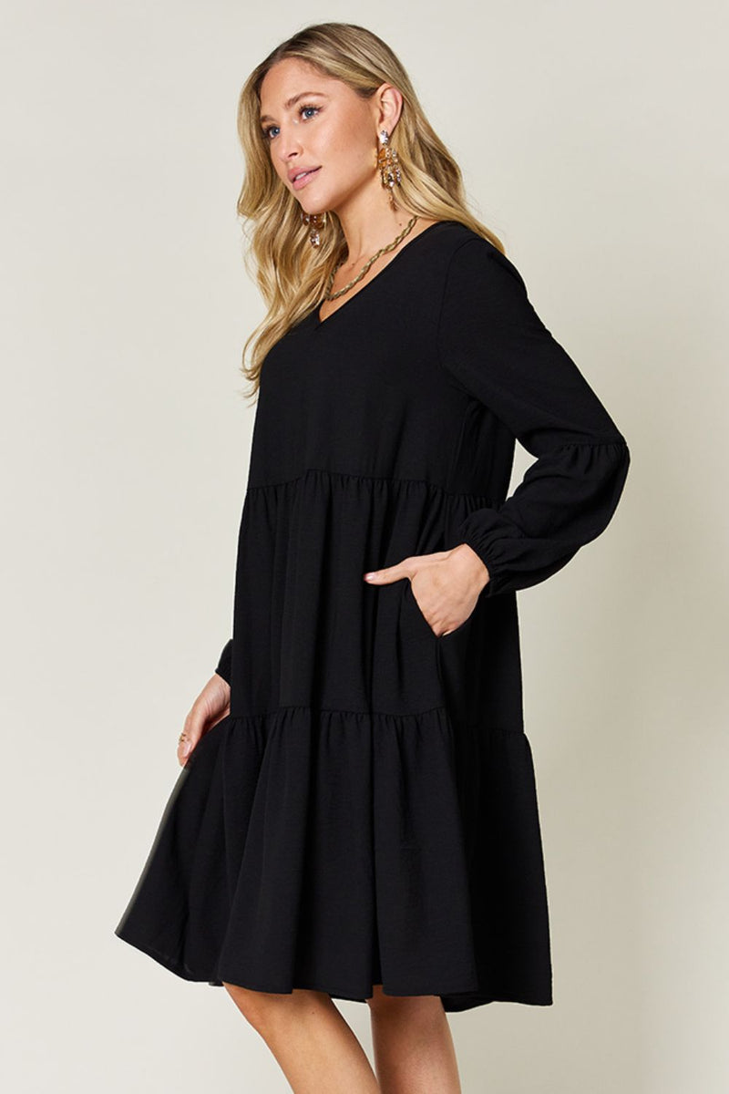 Double Trouble V-Neck Balloon Sleeve Tiered Dress
