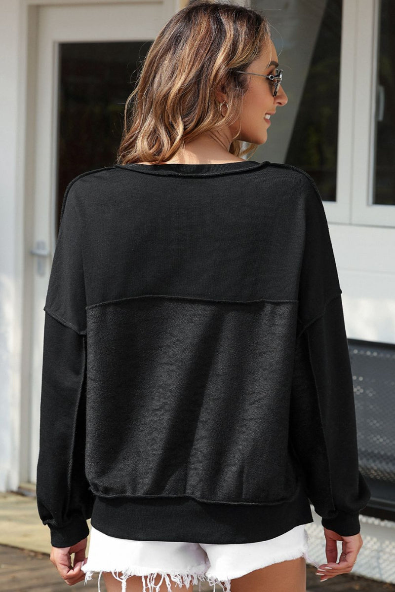 Exposed Seam Half Button Oversized Pullover