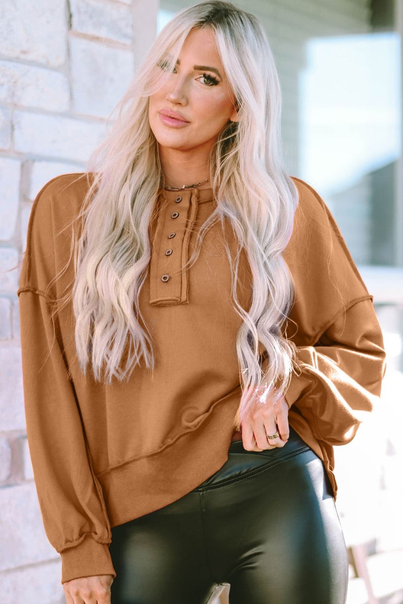 Exposed Seam Half Button Oversized Pullover