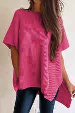 Gray Side Slit Short Dolman Sleeve Knitted Oversized Top