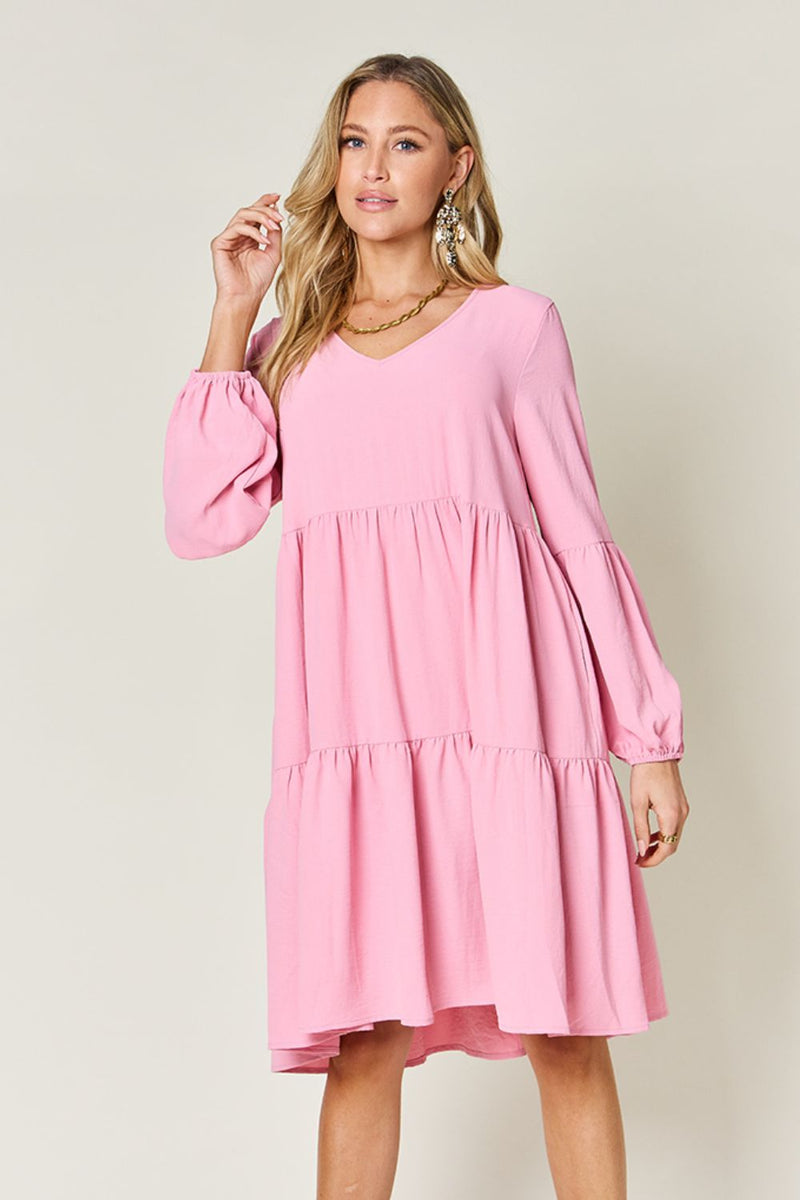 Double Trouble V-Neck Balloon Sleeve Tiered Dress