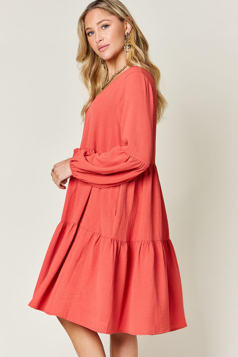 Double Trouble V-Neck Balloon Sleeve Tiered Dress