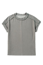 Crinkle Rib Knit Exposed Seam Round Neck Top