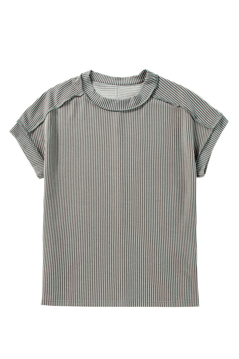 Crinkle Rib Knit Exposed Seam Round Neck Top