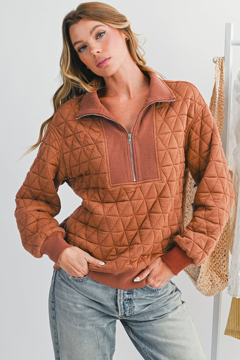 Rust Quilted Half Zip Pullover Sweatshirt