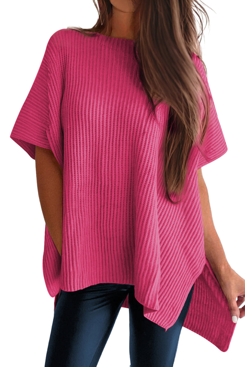 Gray Side Slit Short Dolman Sleeve Knitted Oversized Top