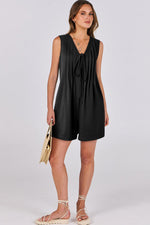 Black Tie V Neck Pleated Sleeveless Loose Romper