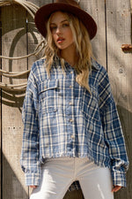 Perfect Find Blue Plaid Cotton-Blend Fray Hem Shacket