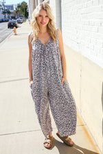 Spread Joy Gray & Blue Leopard Print Front Tie Oversize Jumper