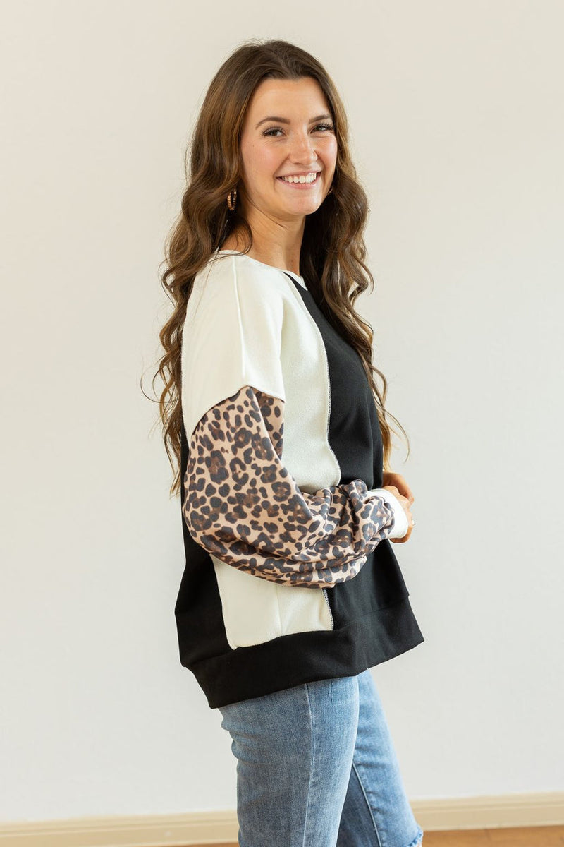 Fleece Leopard Colorblock Sweatshirt
