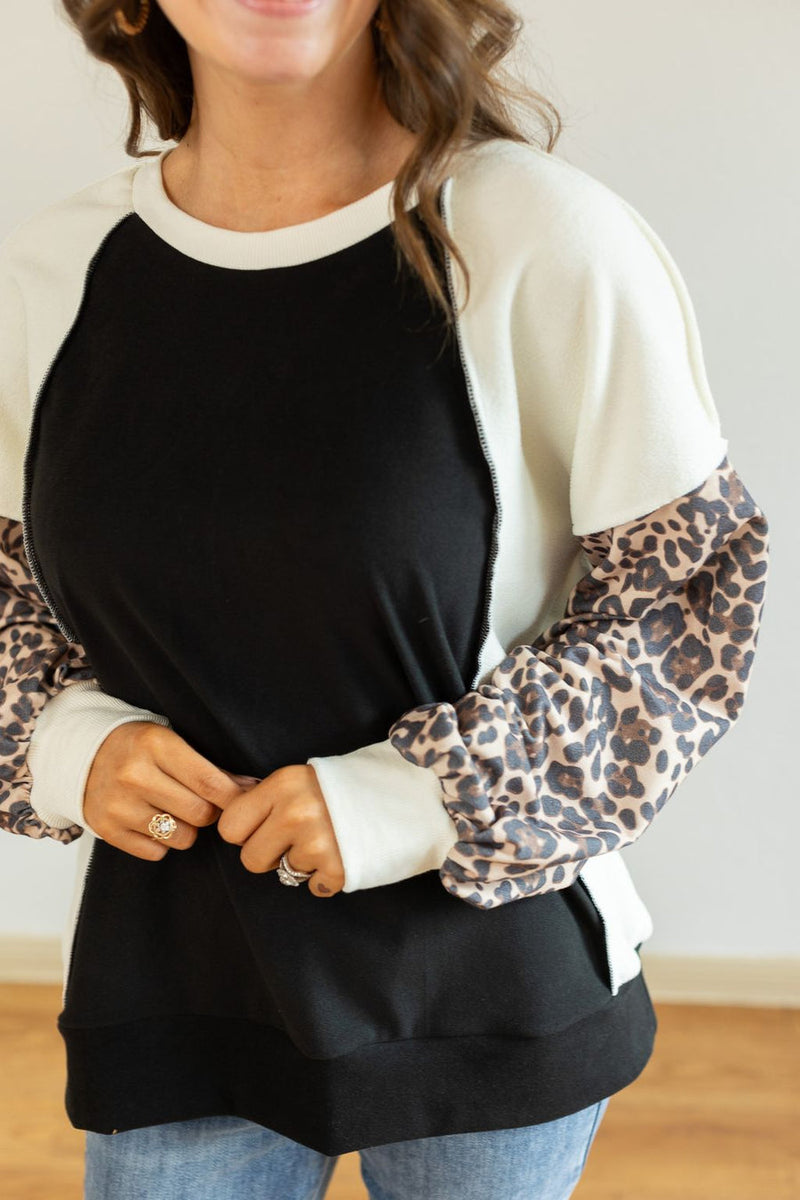 Fleece Leopard Colorblock Sweatshirt