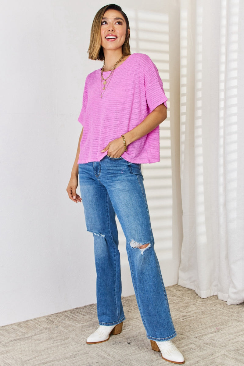 Zenana Waffle Round Neck Short Sleeve Top