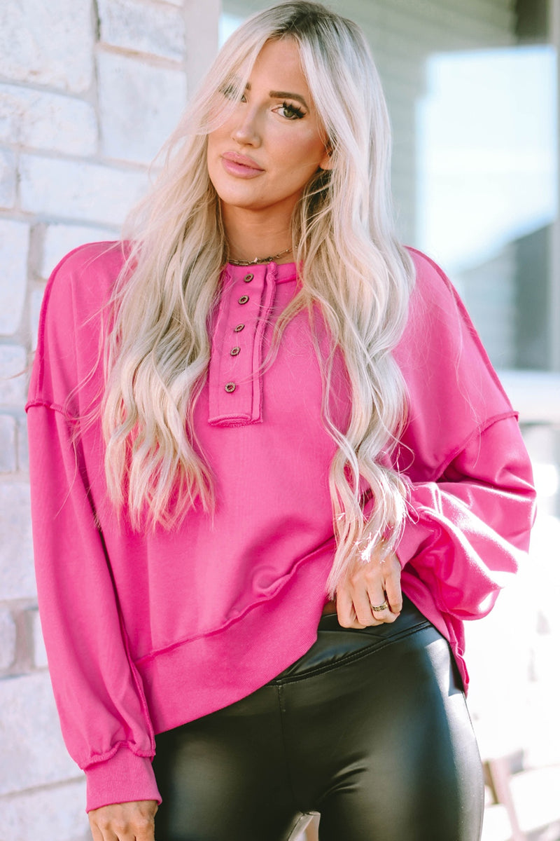Exposed Seam Half Button Oversized Pullover