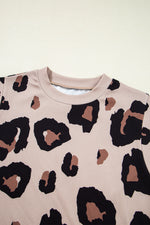 Khaki Leopard Round Neck Cap Sleeve Casual Tee
