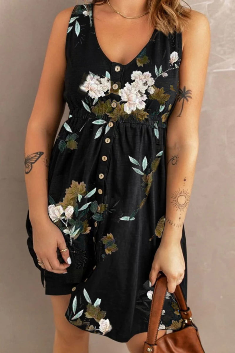 Sloane Printed Sleeveless Buttoned Magic Dress with Pockets