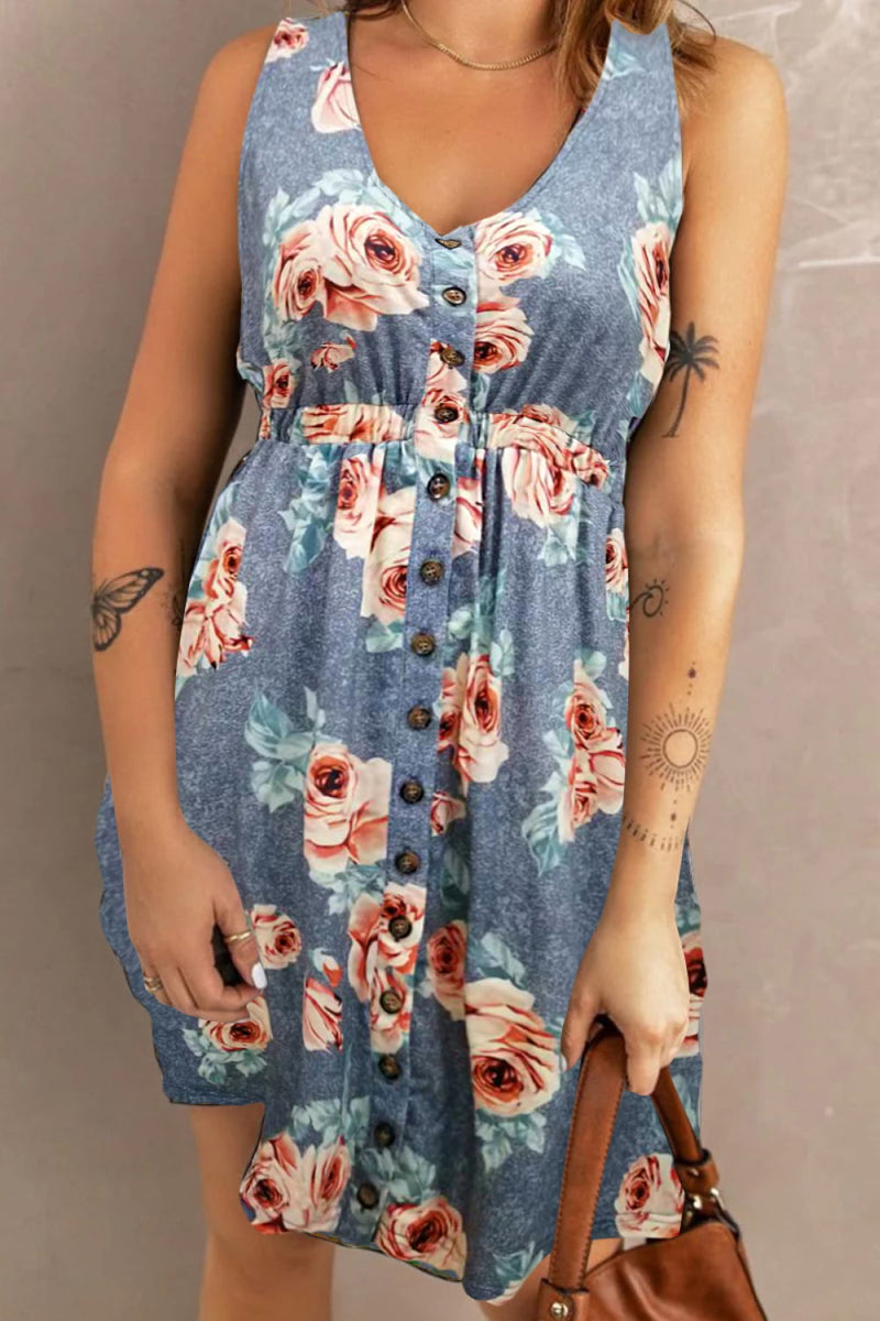 Sloane Printed Sleeveless Buttoned Magic Dress with Pockets