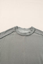 Crinkle Rib Knit Exposed Seam Round Neck Top