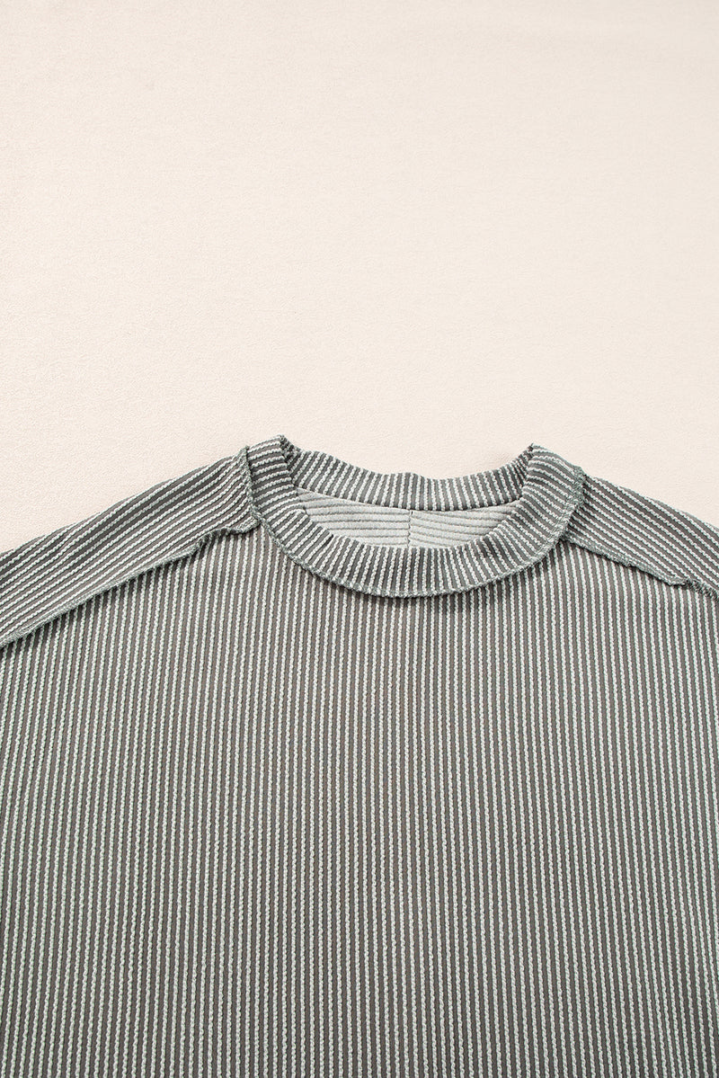 Crinkle Rib Knit Exposed Seam Round Neck Top