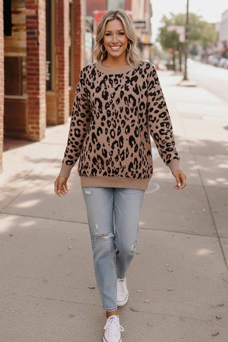 Leopard Jacquard Oversized Sweater Knit Top