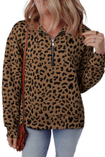 Brown Leopard Print Quarter Zip Sweatshirt