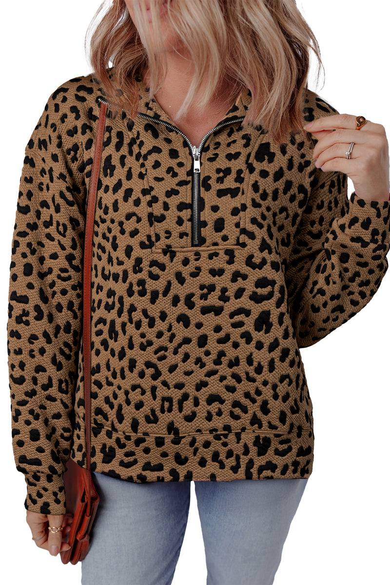Brown Leopard Print Quarter Zip Sweatshirt