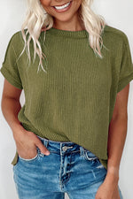 Crinkle Rib Knit Exposed Seam Round Neck Top
