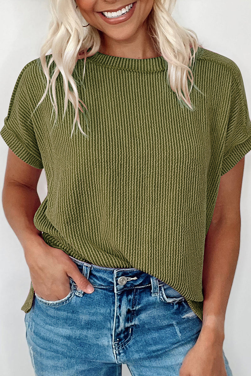Crinkle Rib Knit Exposed Seam Round Neck Top