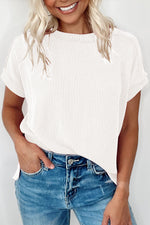 Crinkle Rib Knit Exposed Seam Round Neck Top