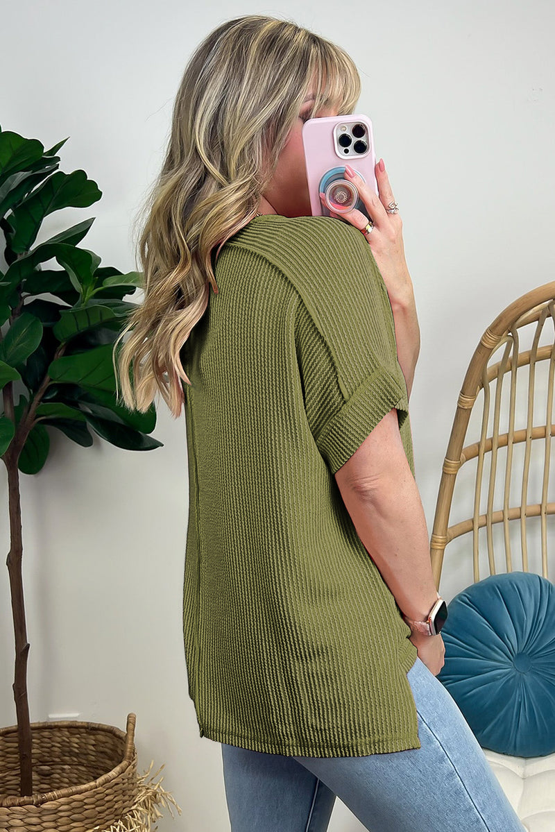 Crinkle Rib Knit Exposed Seam Round Neck Top