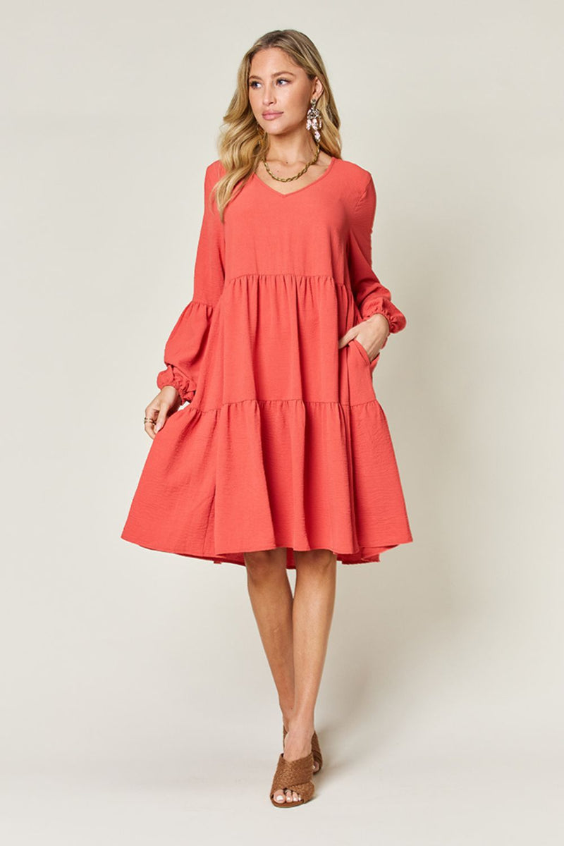 Double Trouble V-Neck Balloon Sleeve Tiered Dress