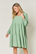 Double Trouble V-Neck Balloon Sleeve Tiered Dress