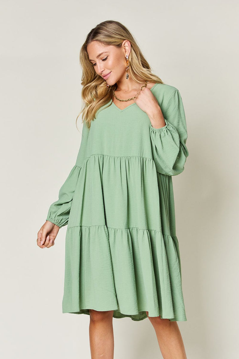 Double Trouble V-Neck Balloon Sleeve Tiered Dress