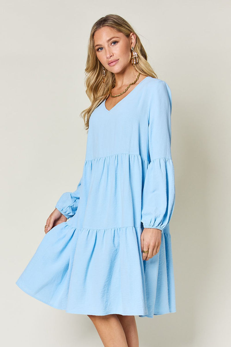 Double Trouble V-Neck Balloon Sleeve Tiered Dress