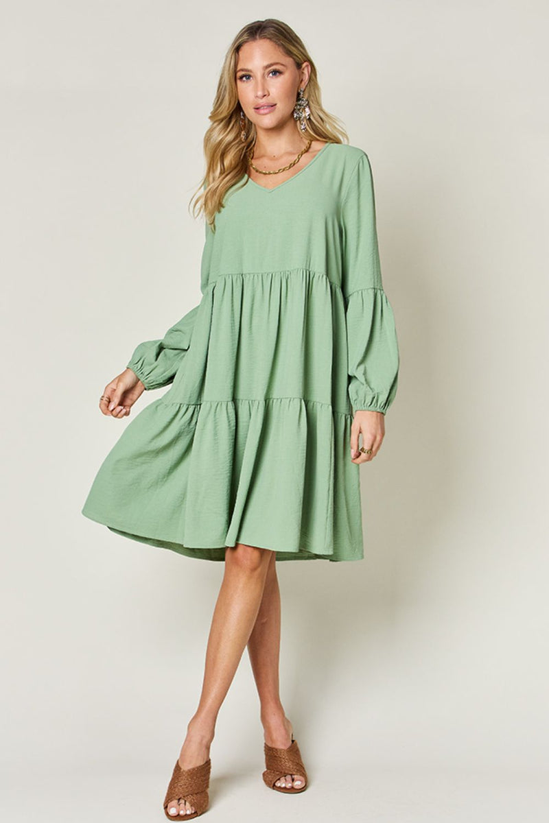 Double Trouble V-Neck Balloon Sleeve Tiered Dress