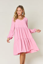Double Trouble V-Neck Balloon Sleeve Tiered Dress
