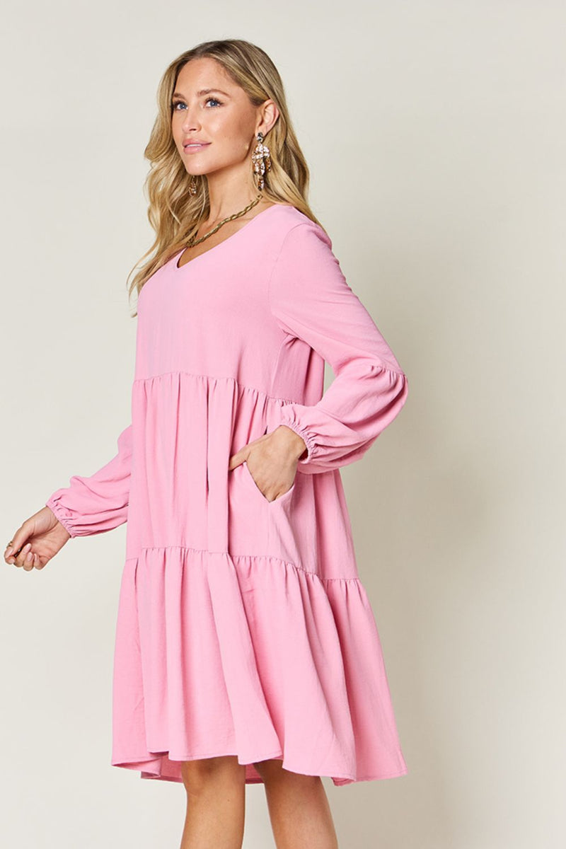 Double Trouble V-Neck Balloon Sleeve Tiered Dress