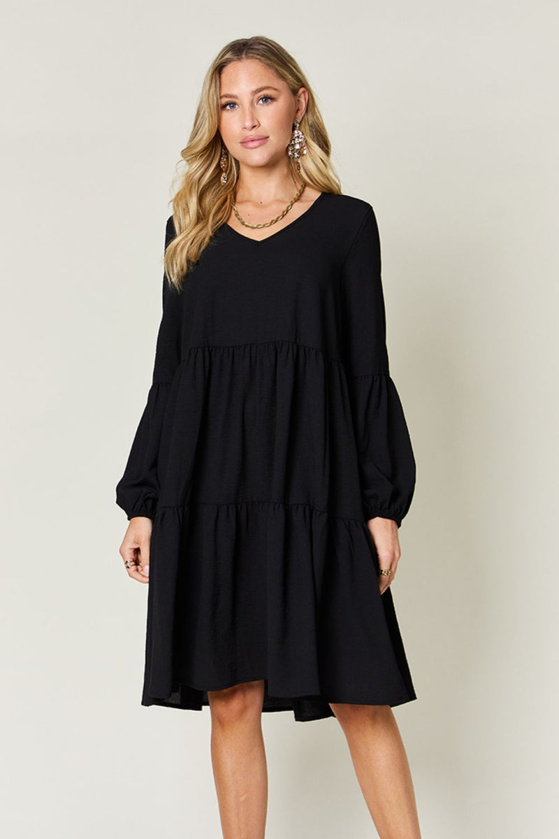 Double Trouble V-Neck Balloon Sleeve Tiered Dress