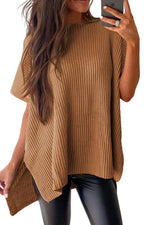 Gray Side Slit Short Dolman Sleeve Knitted Oversized Top
