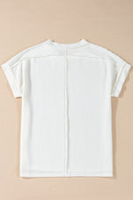 Crinkle Rib Knit Exposed Seam Round Neck Top