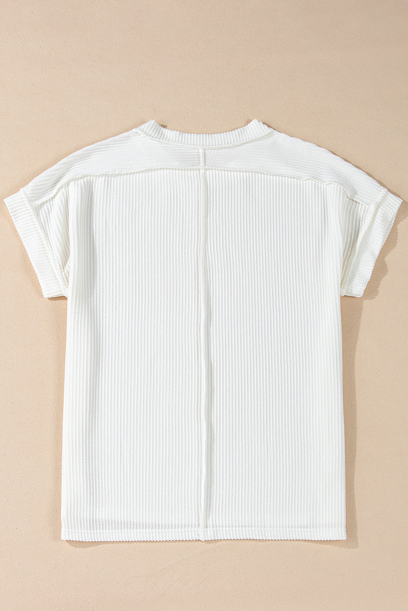 Crinkle Rib Knit Exposed Seam Round Neck Top