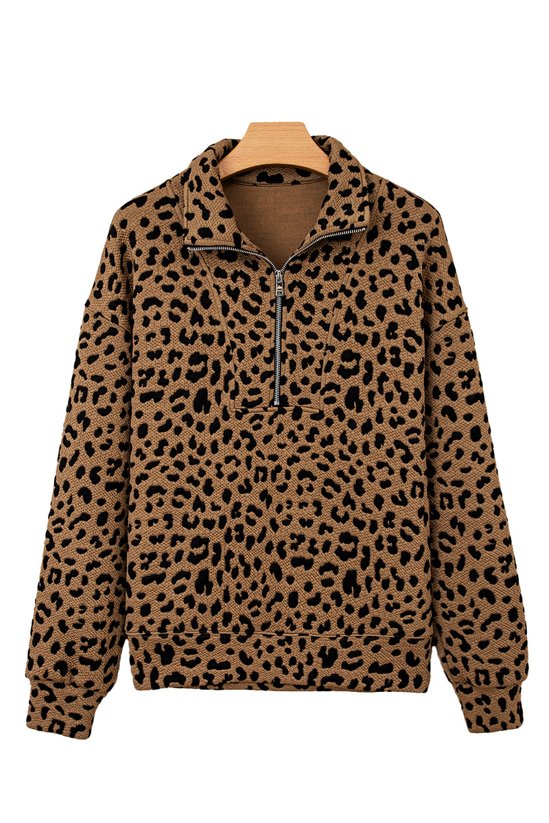Brown Leopard Print Quarter Zip Sweatshirt