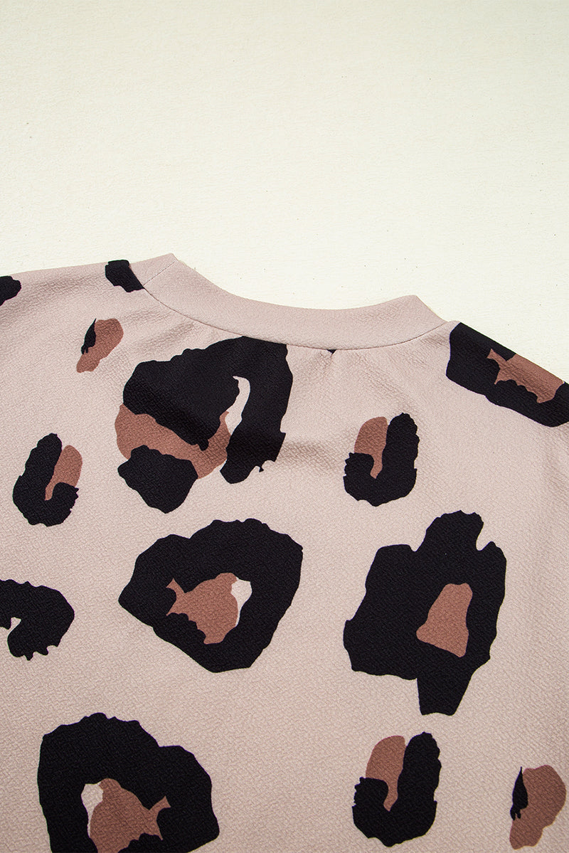 Khaki Leopard Round Neck Cap Sleeve Casual Tee