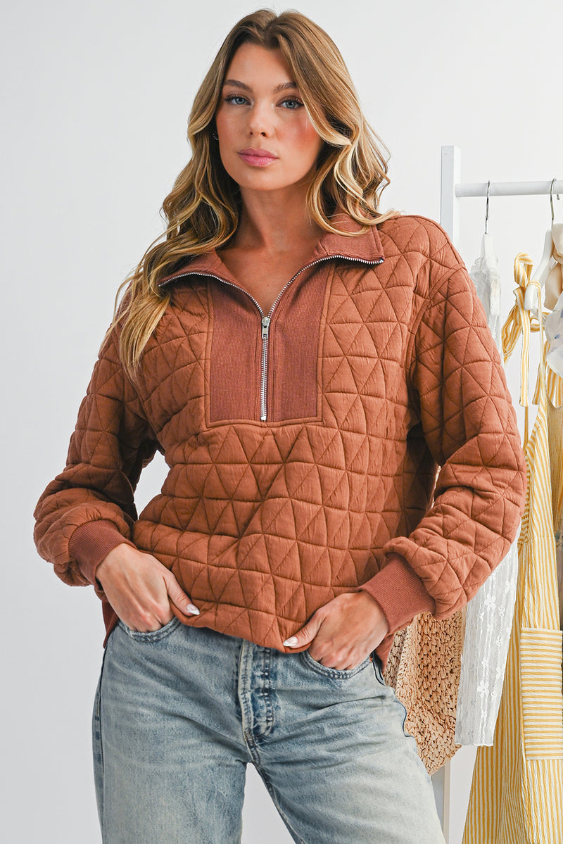 Rust Quilted Half Zip Pullover Sweatshirt