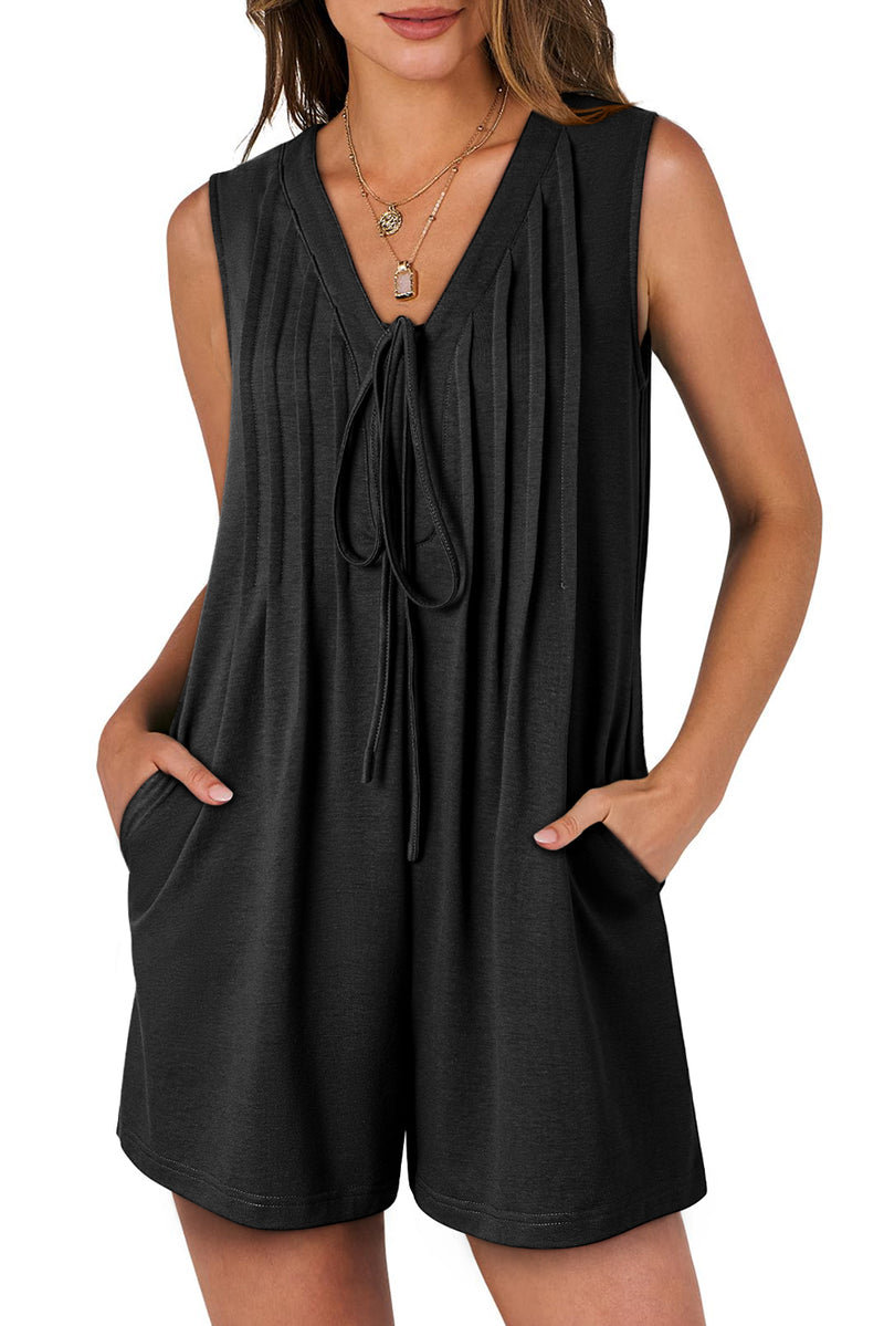Black Tie V Neck Pleated Sleeveless Loose Romper