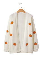 White Pumpkin Print Open Front Drop Shoulder Knit Cardigan