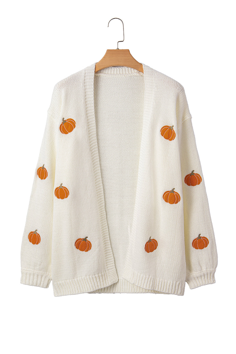 White Pumpkin Print Open Front Drop Shoulder Knit Cardigan