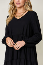 Double Trouble V-Neck Balloon Sleeve Tiered Dress