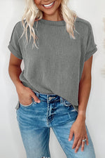 Crinkle Rib Knit Exposed Seam Round Neck Top